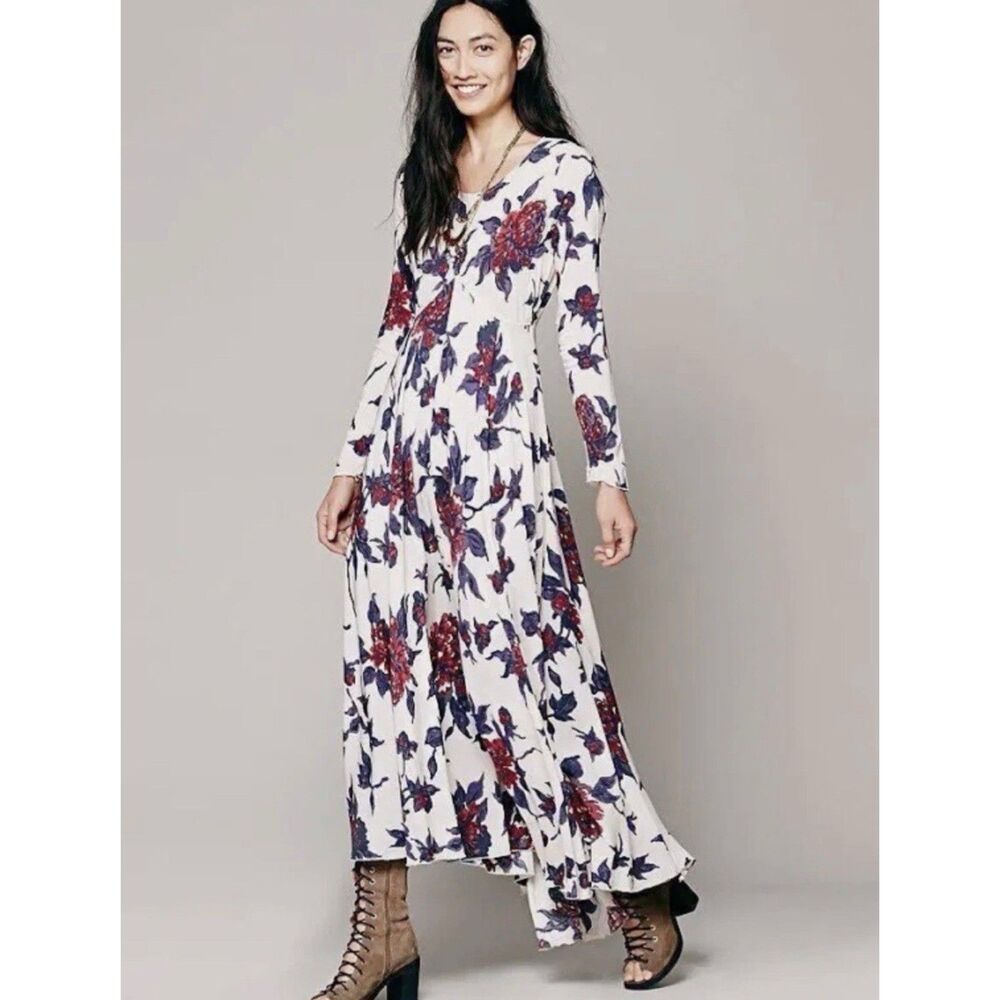 Free People Dress First Kiss Maxi Blue Red White Boho Size XS Kentucky Derby